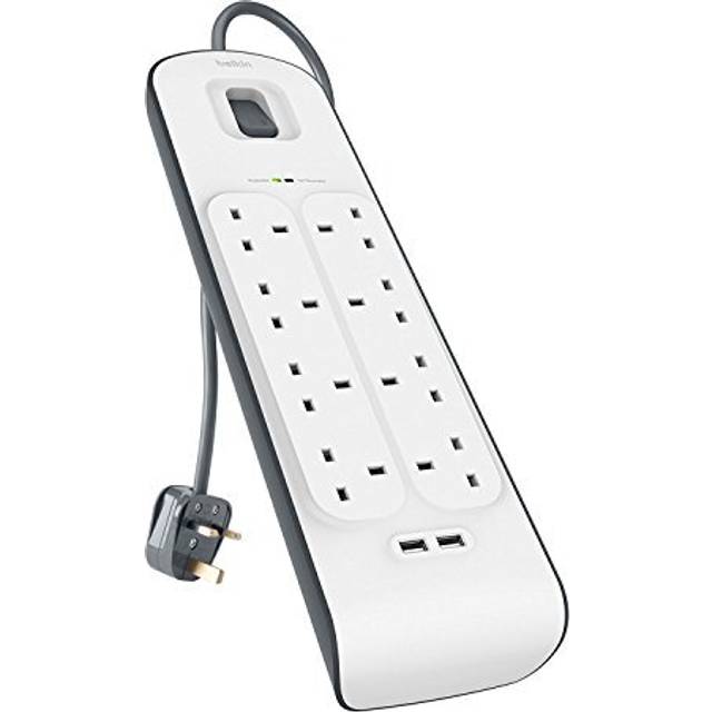 Belkin Extension Lead with USB Slots x 2 2.4 A Shared, 8 Way/8 Plug Extension, 2m Surge Protected Power Strip - White