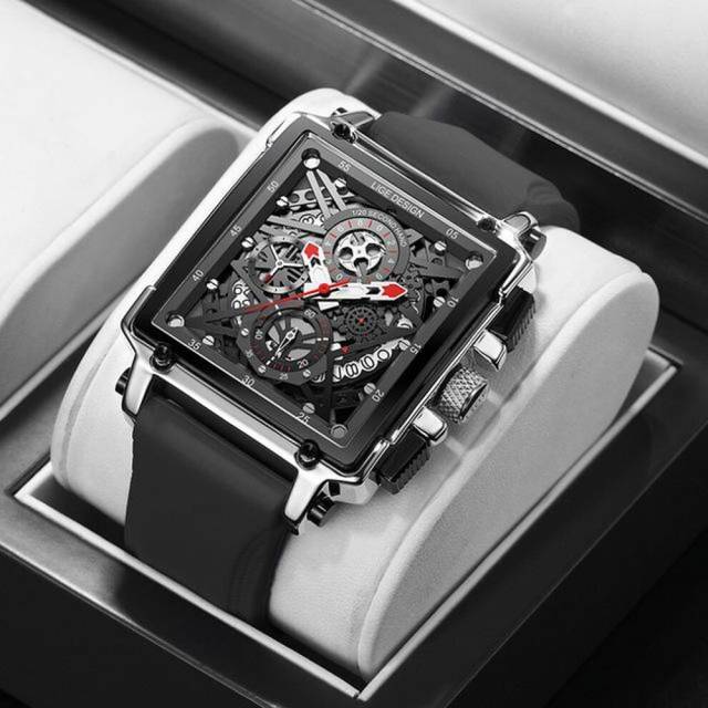 Hollow Square Mens Watches Chronograph LIGE Brand Luxury Automatic Date Men Watch Waterproof Male Wristwatches silver/black