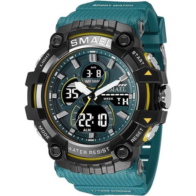 (light blue) Smael Brand Sport Watch Men Quartz Wristwatches Waterproof Dual Time Display Military Army Green Male Clock 8079 Mens Watches