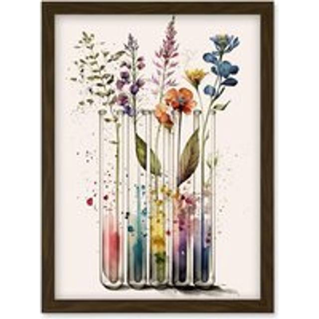 Wildflowers Rainbow Colour Water Glass Test Tubes Artwork Framed Wall Art Print A4 - Brown - One Size
