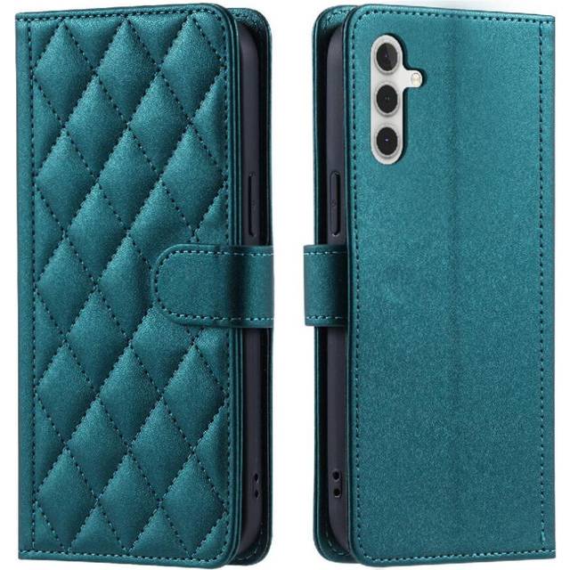 (Bottle green ) Phone Case Compatible with Samsung Galaxy A16 Lattice Flip Folio Wallet Magnetic Card Slots Holder Hand Strap