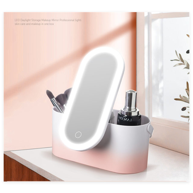 (White lithium battery makeup mirror) LED makeup mirror with light and storage dressing mirror outdoor travel storage box mirror