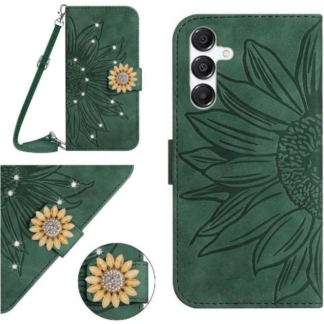 (Green) Flip Case for Samsung Galaxy A36 5g with Card Slot Stand Leather Wallet Sunflower with A Long Lanyard Kickstand Protective