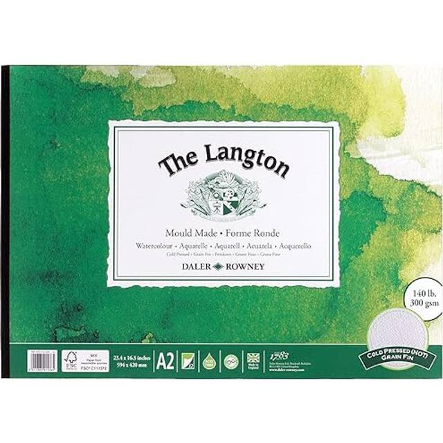 Daler-Rowney The Langton Cold-Pressed 300gsm A2 Watercolour Paper Pad, Glued 1 Side, 12 Natural White Sheets