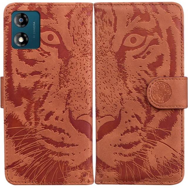 (Brown) Flip Case for Motorola Moto E13 Leather Wallet Embossed Cute Tiger Kickstand Protective