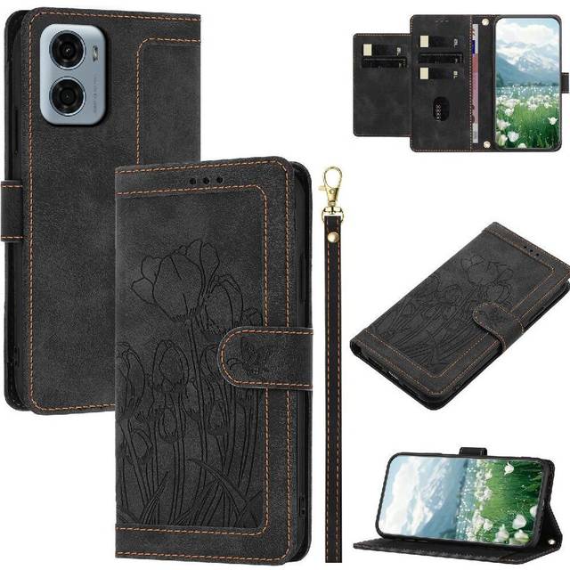 (Black) Fashion Wallet Case for Motorola Moto G05 Magnetic Closure Crossbody and Wrist Strap Tulip Embossed Flip Case Kickstand Pu Leather
