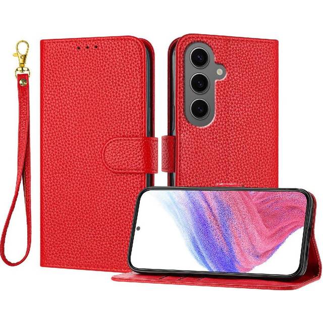 (Red) Phone Case Compatible with Samsung Galaxy S24 Fe Wallet Litchi Pattern Card Slots Holder Flip Folio Pu Lether