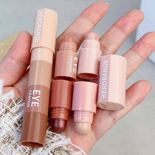 (brown) 4 In 1 Pearlescent Highlighter Eyeshadow Stick Waterproof Lasting Glitter Eye Shadow Eyes Makeup Cosmetics