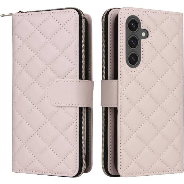 (White) Wallet Case for Samsung Galaxy S24 Fe Kickstand Magnetic Closure Crossbody Strap Wrist Strap 9 Card Holder