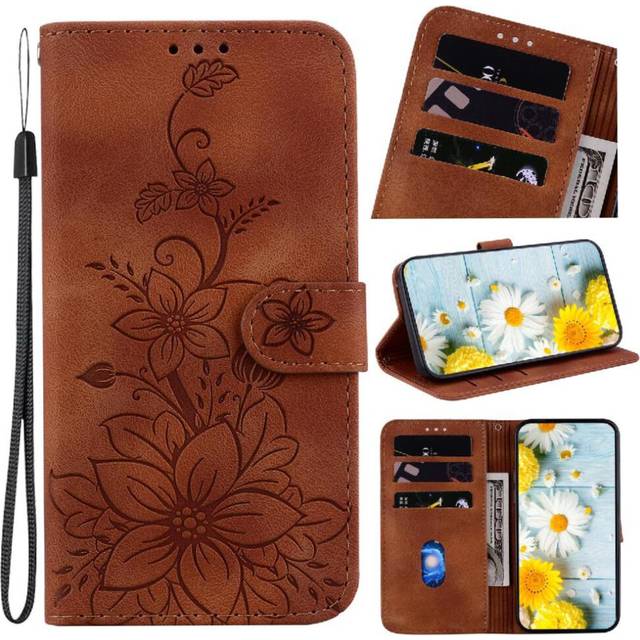 (Brown) Flip Case Compatible with Samsung Galaxy A16 Embossed Lily Wallet Magnetic Kickstand Card Holder