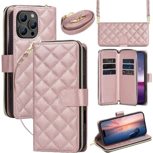 (Rose Gold ) Wallet Case for iphone 16 Pro Max Wrist Strap Kickstand Magnetic Closure Crossbody Strap 9 Card Holder