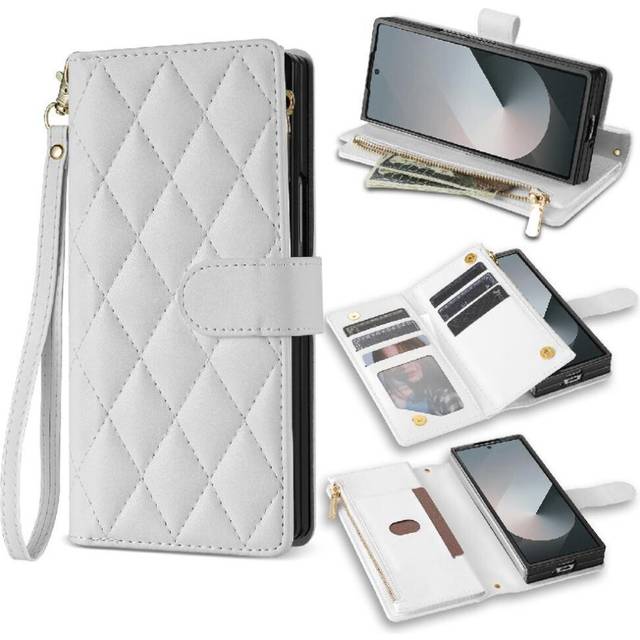 (White) Fashion Wallet Case Compatible with Samsung Galaxy Z Fold5 Zipper Pocket Kickstand Protective Cover Card Holder Wrist Strap