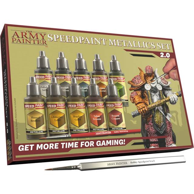 Speedpaint 2.0 Metallics Set Combo, 10 Bottles of Non Toxic Metal Contrast Acrylic Model Paint 18ml, 1 Free Speedpaint Brush and 1 Basecoating Brush