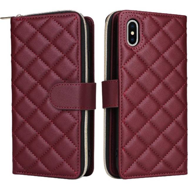 (Red) Flip Zipper Case for iphone X/xs Wrist Strap Magnetic Closure 9 Card Holder 1 Cash Slot Kickstand