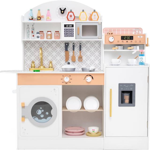 Kids Kitchen Set Wooden Kitchen Playset with Clock & Microwave-White