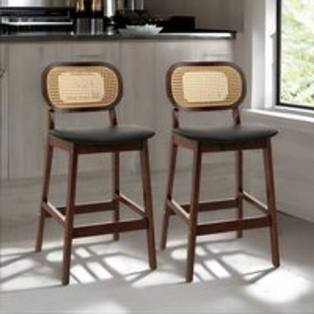 Set of 2 Faux Leather Bar Stools with Adjustable Height - Retro Brown