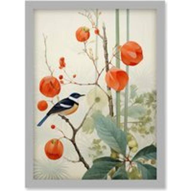 Wall Art Print Small Bird on Blooming Tree Branch Botanical Artwork Red Teal Nature Study Audubon Style Artwork Framed A4 - Grey - A4