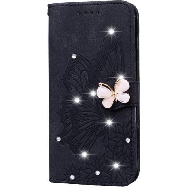 (Black) Flip Case Compatible with Samsung Galaxy S24 Fe Leather Wallet Kickstand Protective with Card Slot Stand Big Butterfly with Diamonds