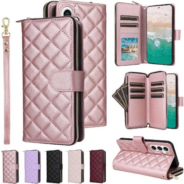 (Rose Gold ) Wallet Case for Samsung Galaxy S23 Fe Kickstand Crossbody Strap Magnetic Closure Wrist Strap 9 Card Holder