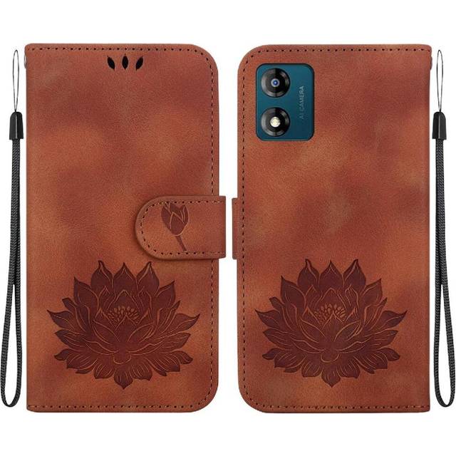 (Brown) Flip Case for Motorola Moto E13 Magnetic Kickstand Relief Lotus Flower Kickstand Wallet