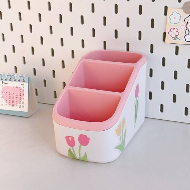 (3 grids pink) Ins Cute Kawaii Pen Holder Organizer Kids Girl Student Office Desktop