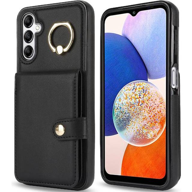 (Black) Case for Samsung Galaxy A14 Rfid Card Slot Shockproof Wallet Ring