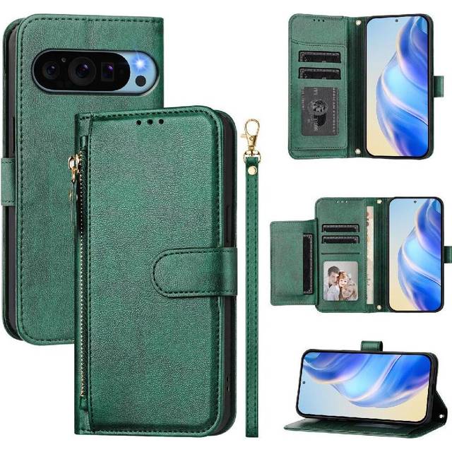 (Green) Flip Case for Google Pixel 9 Pro Xl Zipper Card H