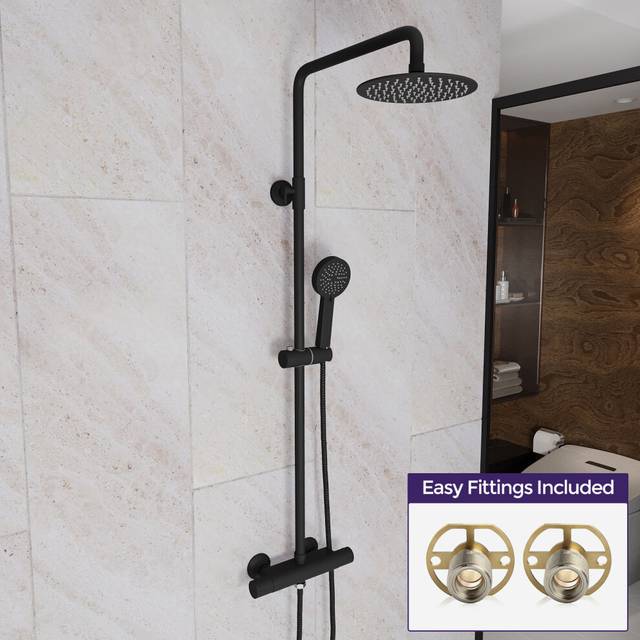 Modern Round Matte Black Exposed Thermostatic Mixer Shower Set With Easy Fittings