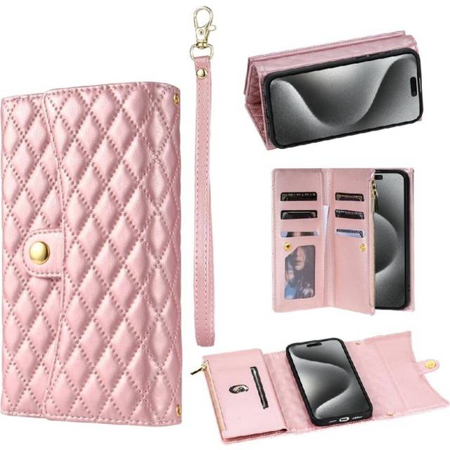 (Rose Gold ) Wallet Case for Samsung Galaxy S24 Fe Pu Leather Wrist Strap Shockproof 7 Card Holder Protective Cover