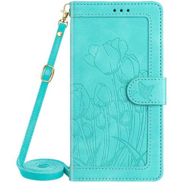 (Green) Fashion Wallet Case for Samsung Galaxy A15 Pu Leather Tulip Embossed Flip Case Crossbody and Wrist Strap Magnetic Closure Kickstand