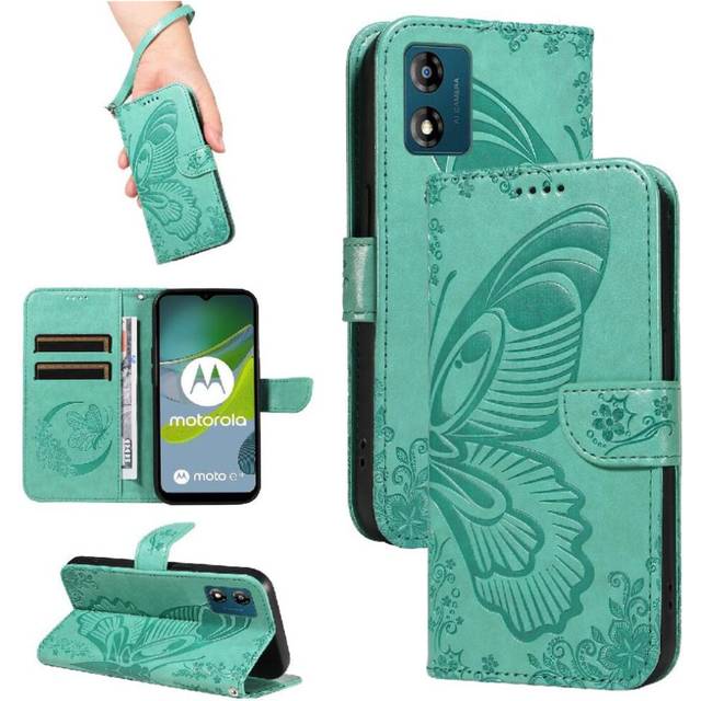 (Green) Flip Case for Motorola Moto E13 Embossed Butterfly with Credit Card Slot High Quality Leather Detachable Hand Strap