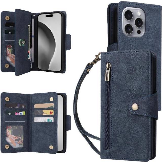 (Blue) Case for iphone 16 Pro Max with Hand Strap Zipper Wallet Cover Card Holder Magnetic Leather