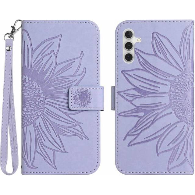 (Light Violet) Case for Samsung Galaxy S25 Plus Short Strap Flip Wallet Phone Case with Card Slots Holder Embossed Sunflower Luxury Pu Leather