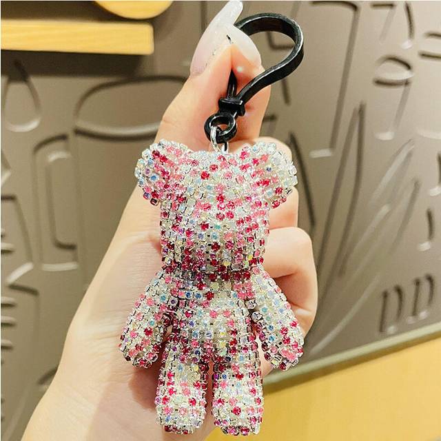 (Pink) Crystal Glamorous Bear Keychain Trendy Car Bling And Purse Accessory