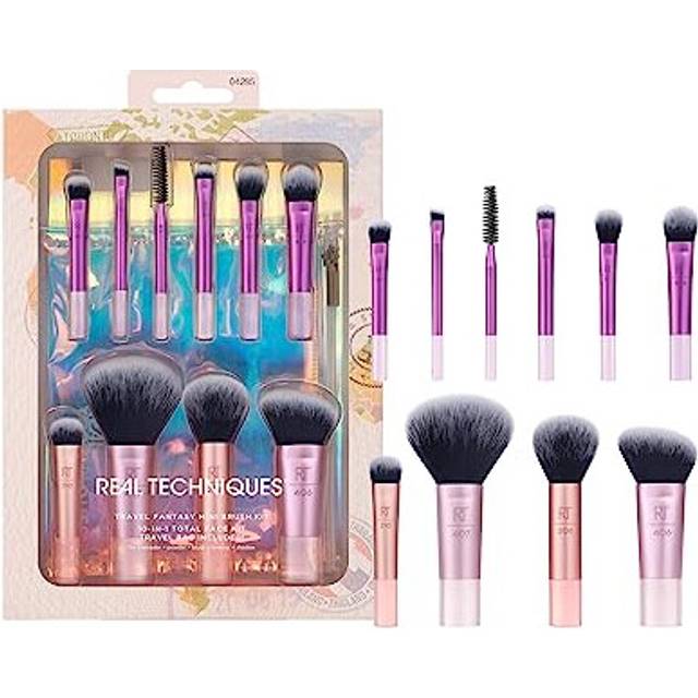 Real Techniques Travel Fanstasy Brush Kit, Makeup Brushes, Mini Sized, Perfect For Travel or On The Go, 10 Piece Set, Purple