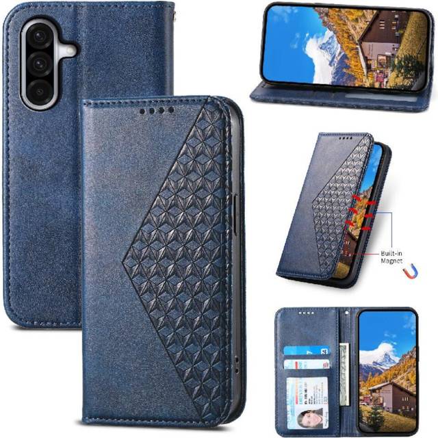 (Blue) Flip Case for Samsung Galaxy A36 Hand Strap Stand Rhombus Shape Daily Use Wallet