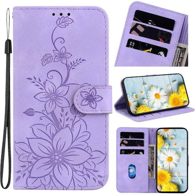 (Purple) Flip Case for Samsung Galaxy A36 Embossed Lily Magnetic Kickstand Card Holder Wallet