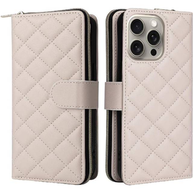 (White) Wallet Case for iphone 15 Pro Max 9 Card Holder Crossbody Strap Kickstand Magnetic Closure Wrist Strap
