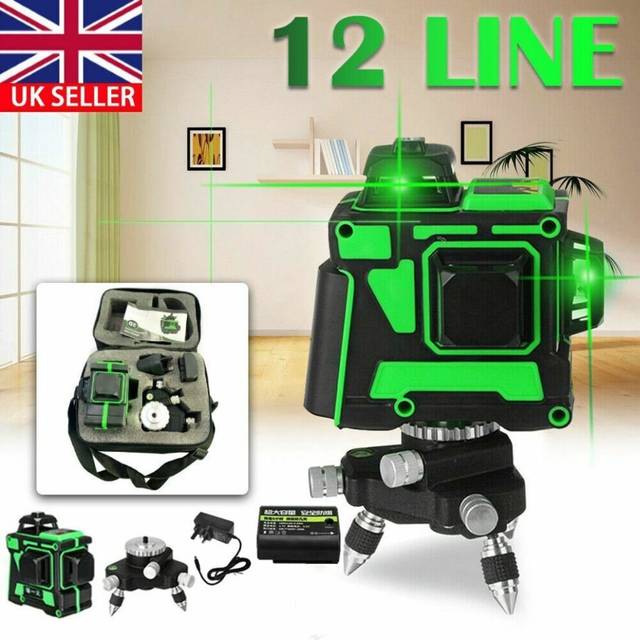 12 Line Laser Level Green Self Leveling 3D Cross Measure Tool Kit + Batteries