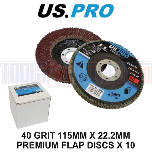 US PRO Tools 40 Grit 115MM X 22.2MM Premium Flap Discs Pack Of 10 8258