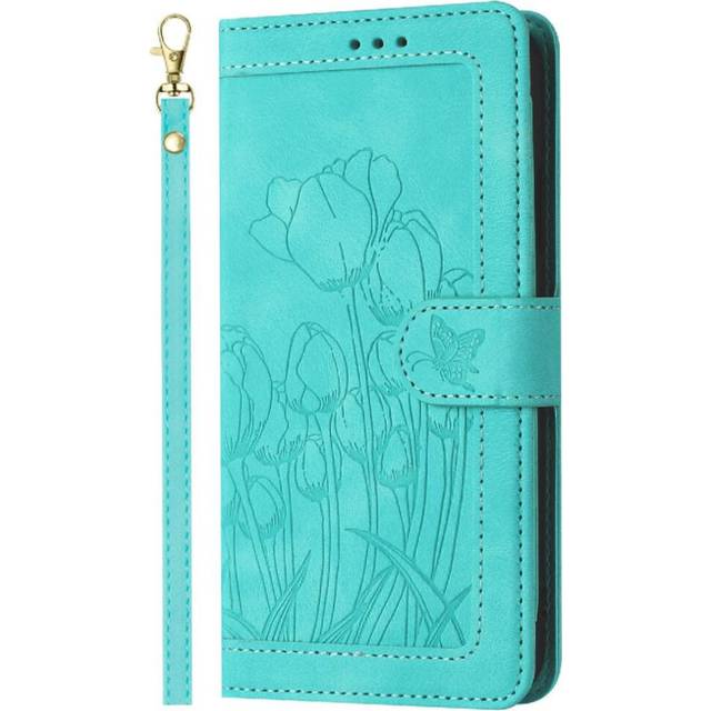 (Green) Wallet Case for Samsung Galaxy A36 Kickstand Tulip Embossed Flip Case Wrist Strap Pu Leather Magnetic Closure