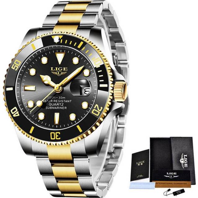 LIGE Top Brand Luxury Fashion Divers Watches Men 30ATM Waterproof Date Watch Sports Watch Men Quartz Wristwatch gold/black