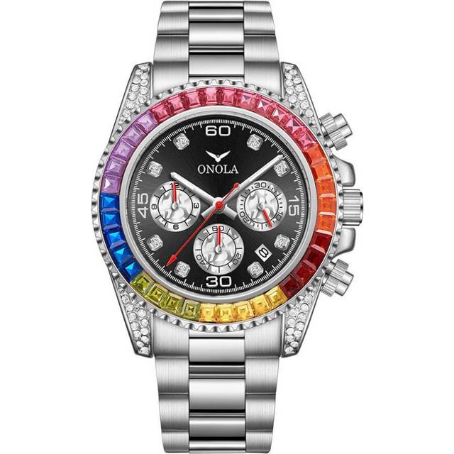 (silver,black) Fashion Rose Gold Business Men's Watch Rainbow Diamond Watch Ring Waterproof Solid Stainless Steel Strap Men Quartz Watch Chronogr
