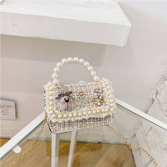 (White Rabbit) Stylish Mini Girls Handbag With Pearl Bow Design For Fashionable Princesses In Black And White Colors