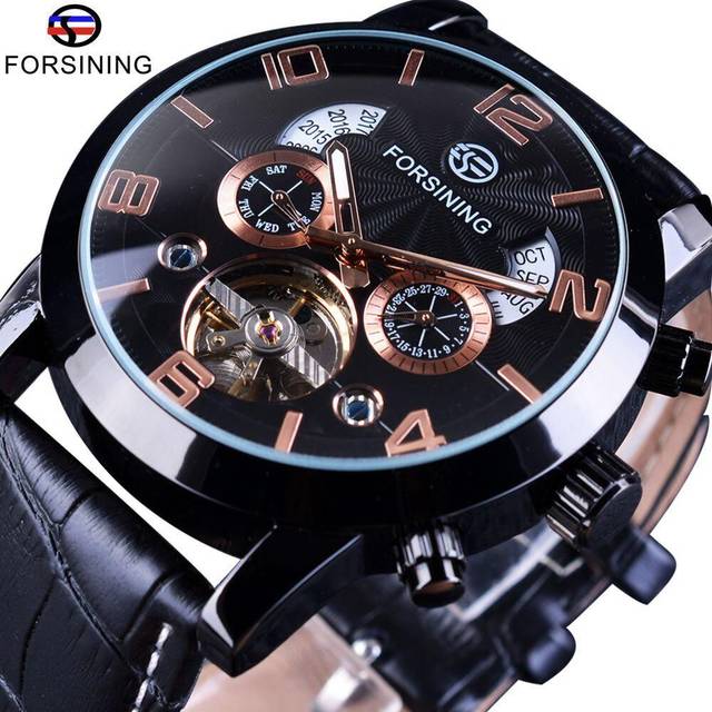 (rose gold) Forsining Men&apos;s Luxury Tourbillon Automatic Mechanical Watch Wave Designdate Display Luminous Hands Water Resistant Fashionable Wrist - Gold