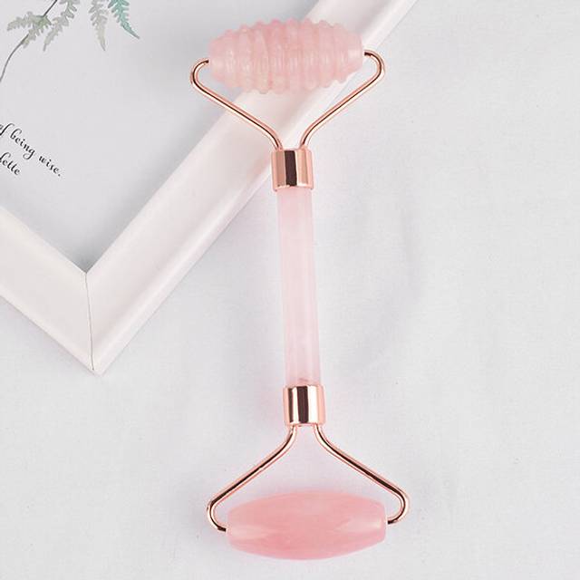 (a-rose gold) Rose Quartz Sawtooth Big Head Massage Face Roller Natural Stone Crystal Mineral Neck Jade Massager Apparatus Skincare Gua Sha