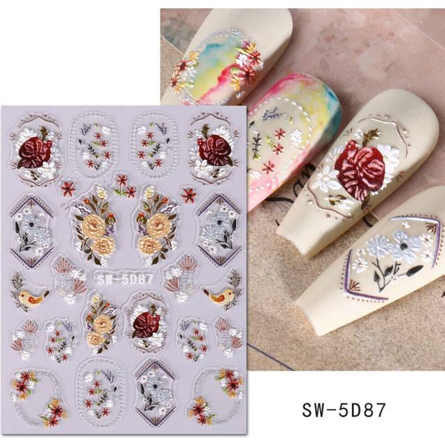 5D Embossed Wedding Nail Stickers Flowers Lace Bride Decorations Decal Manicure!