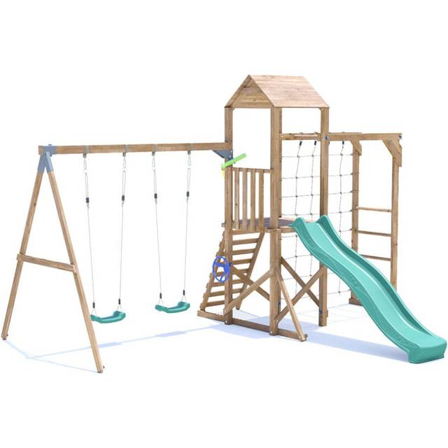 SquirrelFort Climbing Frame with Double Swing, High Platform, Monkey Bars, Cargo Net & Slide