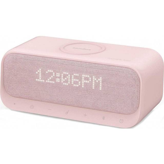 (Pink) Bluetooth Speakers 10W Stereo Sound FM Radio Alarm Clock White Noise Qi Wireless Charger 3-in1 Wireless Soundbar