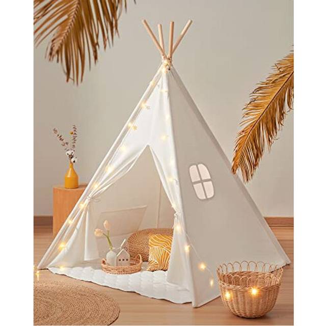 Tiny Land Kids Teepee Tent with Padded Mat & Light String& Carry Case- Kids Foldable Play Tent for Indoor Outdoor, Raw White Canvas Teepee - Kids